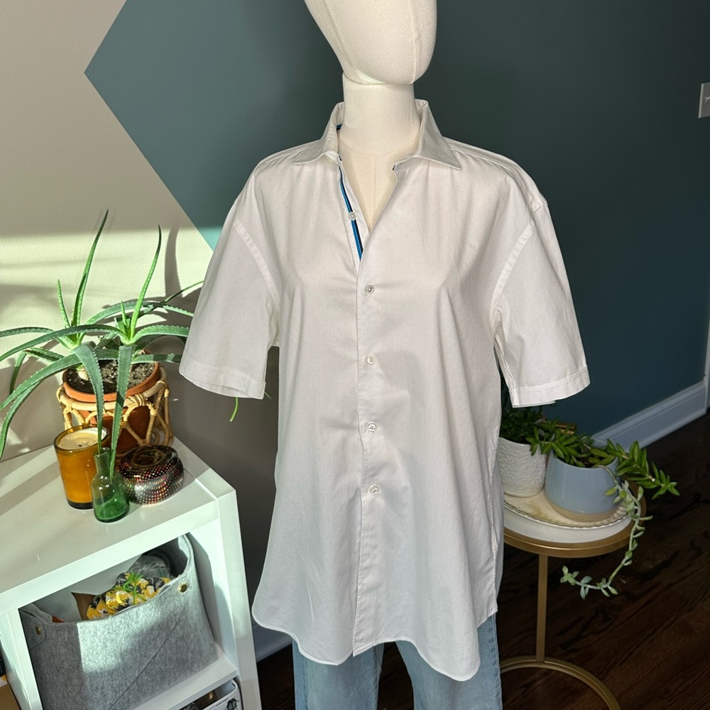 Bugatchi White Short-Sleeve Button-Up Shirt Shaped Fit 100% Cotton Luxury Size L - Picture 2 of 10
